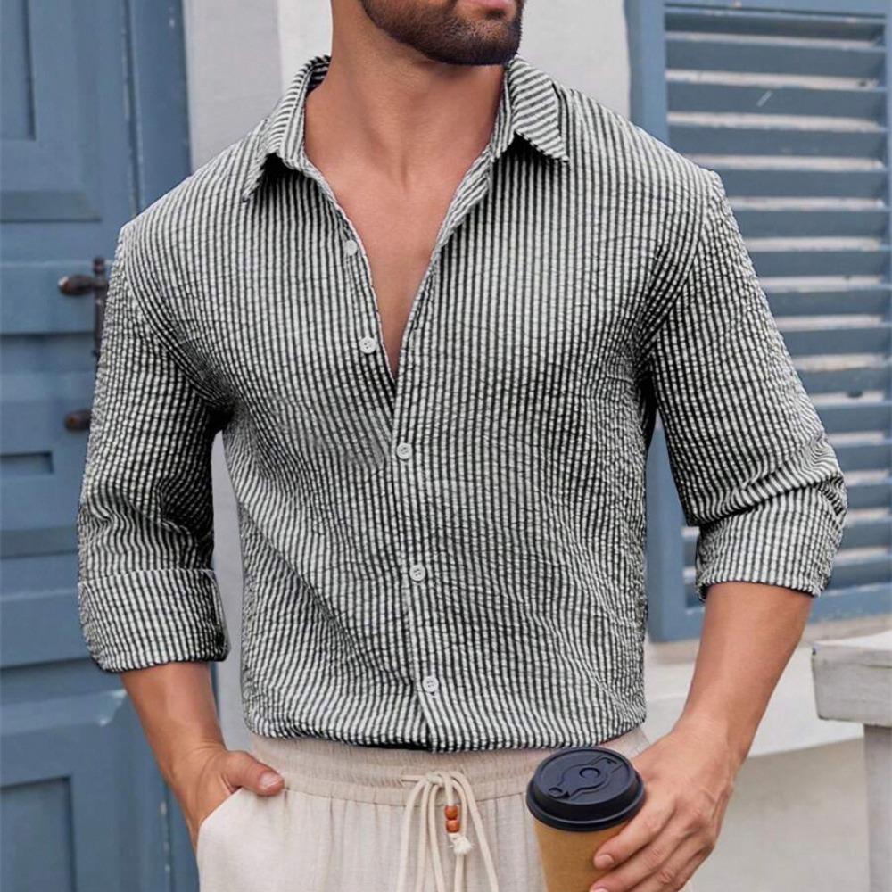 

Мужские весенне-осенние повседневные топы с длинным рукавом, отложным воротником на пуговицах, в полоску XXL светло-серый