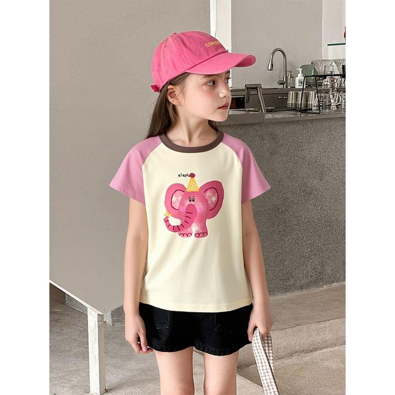 27Home Kidsren's Short-Sleeved T-Shirt Summer New Style Girls Baby Clothes Cartoon Elephant Print Top Pure Cotton