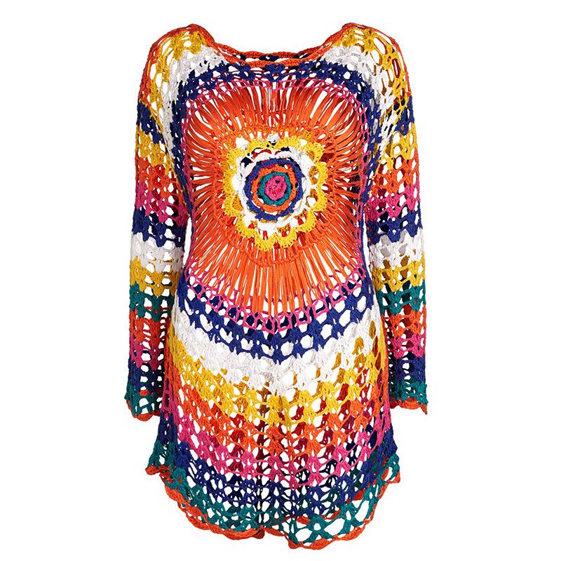 Handmade Crochet Colorful Long Sleeve Beach Cover-up for Women - Knit Hollow Out Bikini Outerwear
