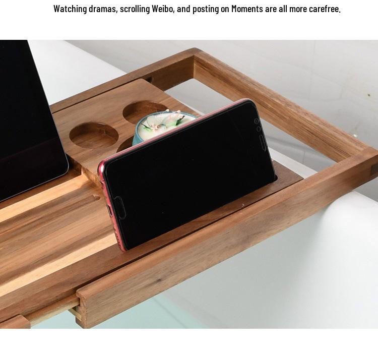Acacia Wood Luxury Bath Rack: Retractable Holder for Phone, Tablet, and Wine.