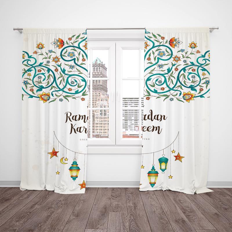 Ramadan Mubarak Printed Curtains 2-Piece Polyester Set for Bedroom   Living Room Study Decor   Islamic Festival Window Treatment