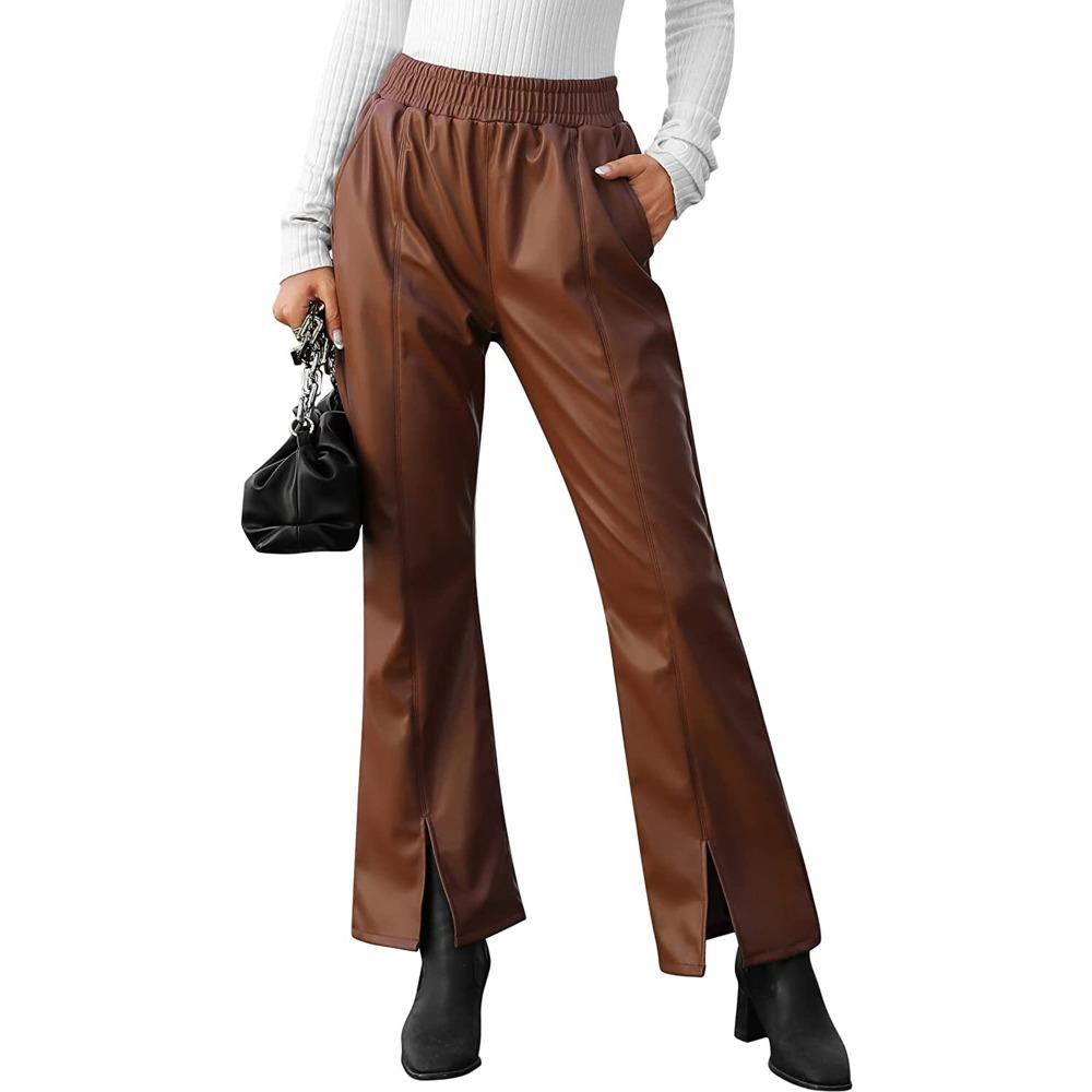 

Attraco женские классические женские брюки из искусственной кожи, однотонные расклешенные брюки с высокой талией, уличная одежда с карманами L коричневый