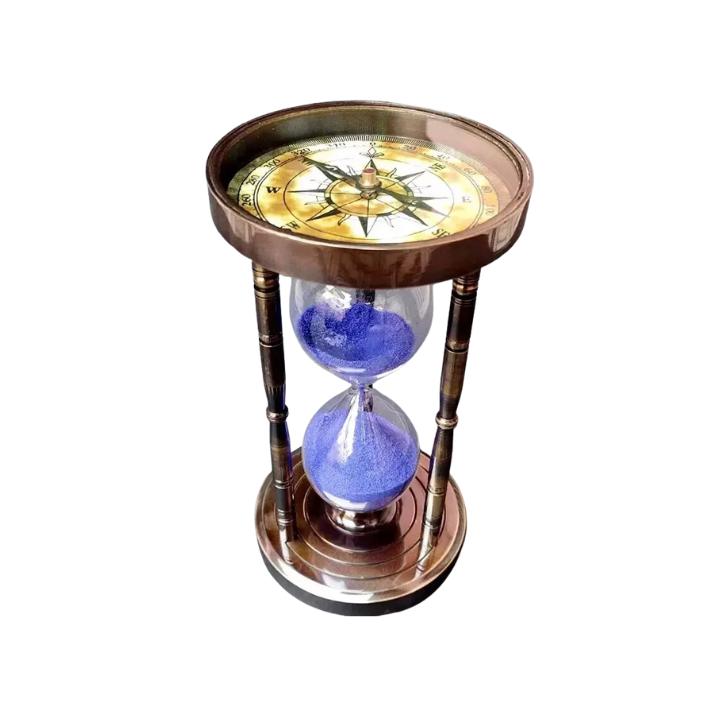 Antique Nautical Solid Brass Sand Timer Hourglass With Maritime Compass Both End
