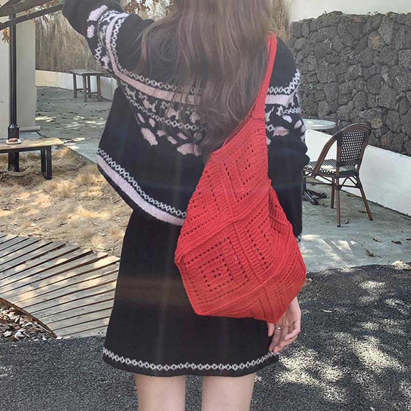 Eleagnt Beach Vacation Knitted Hollow Out Shoulde Bag Handbag Women's Fashion Bucket Soft Crochet Tote Bag KTB