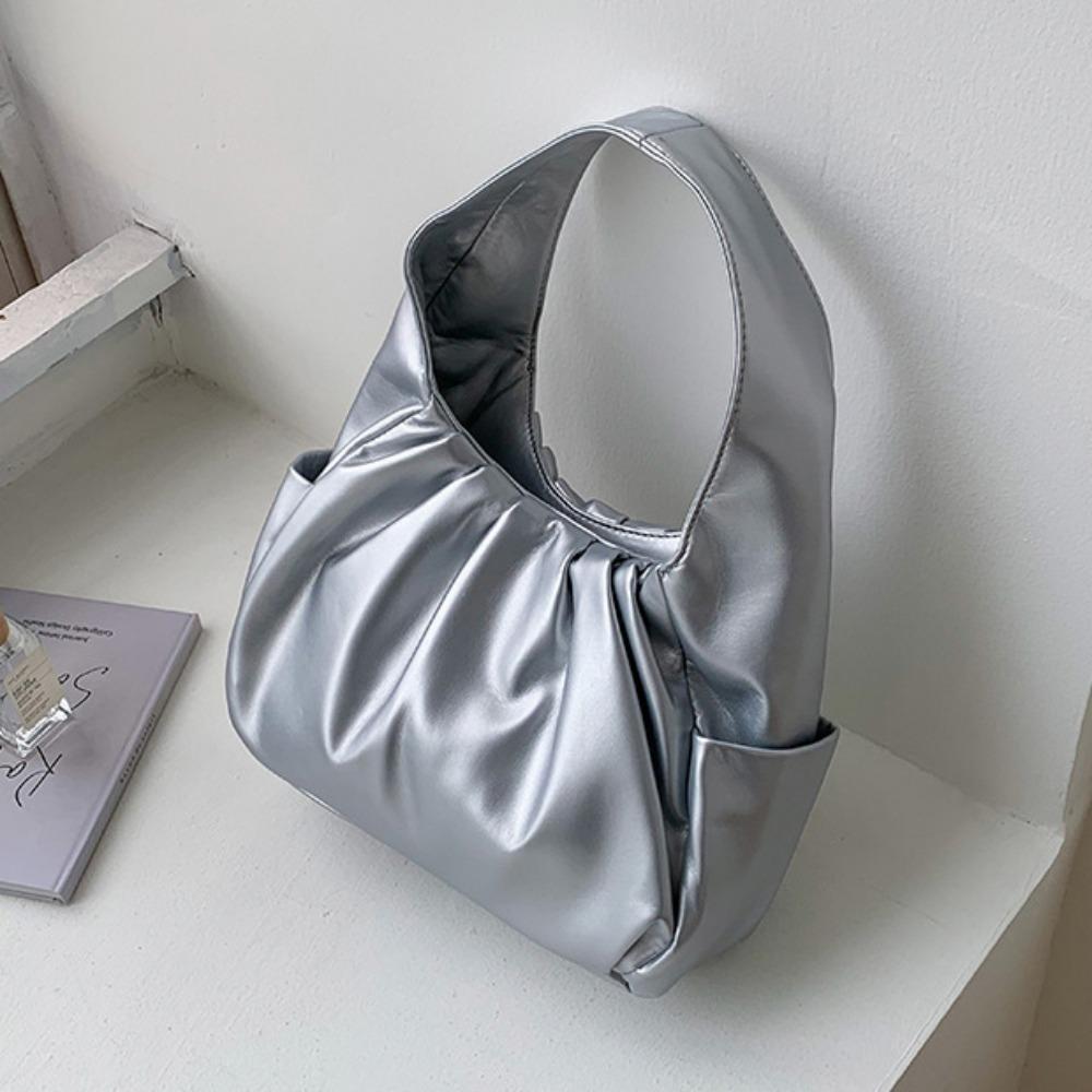 Korean Style Pleated Handbag Underarm Bag PU Leather Underarm Bag Croissant Cloud Bag  Shopping