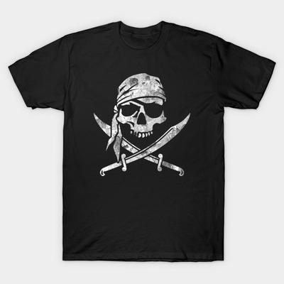 Men Black Print T-shirt Pirate Skull Jolly Roger No-Cut Transfer Paper Print Cotton Tshirt