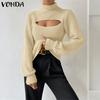 VONDA Women Turtleneck Long Sleeve Cutout Casual Fitted Knitwear Sweaters Jumpers