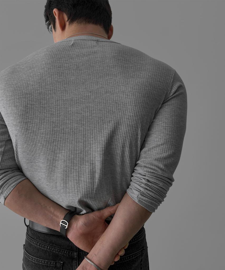 Baulopeulodeogteu Soft Ribbed Muscle Henley Neck Knit Tee [Gray]