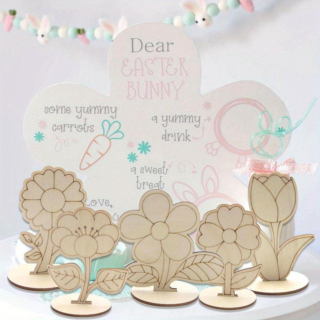 6pcs/set Wooden Ornaments Featuring Roses Lilies Sunflowers Painting Crafts Spring Home Decor Easter Party Table Decorations