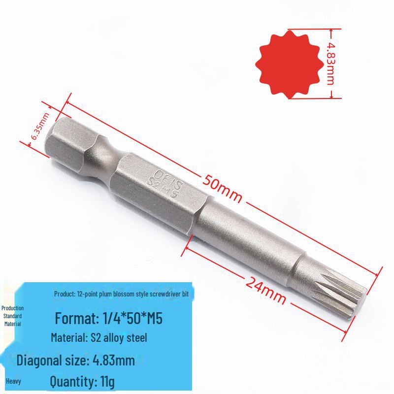 12-Winkel-Druckluftschraubendreherkopf aus gehärtetem S2-Stahl, 1/4" M-Typ, inneres Zwölf-Blumen-Design