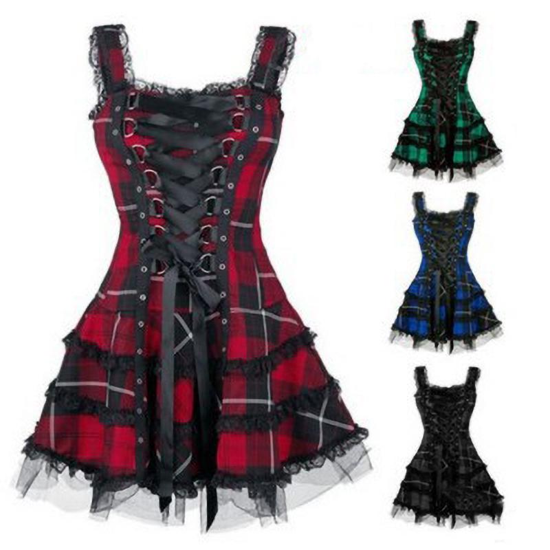 Summer Women's Plaid Dress Lace Up Lace Sleeveless Short Skirt