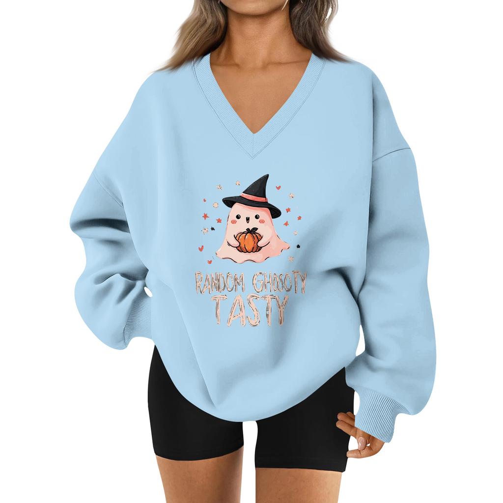 Women's V-neck Dropped Shoulder Halloween Print Sports Sweatshirt Top