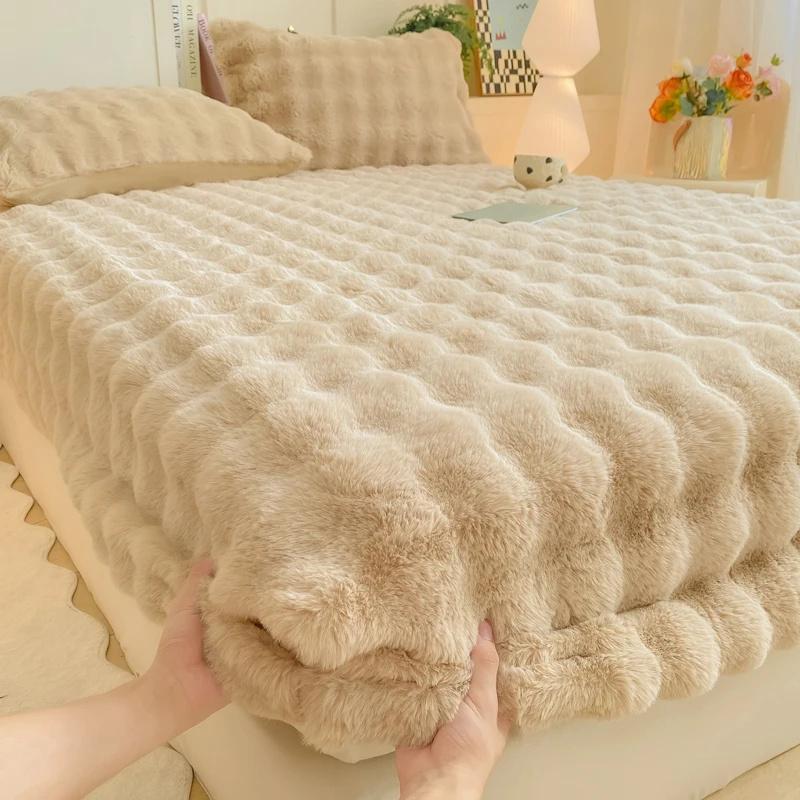 Flauschiges Plüsch Spannbettlaken für Winter Einfarbig Kaninchenfleece Bettlaken mit Gummizug Winter Warm Verdicken Matratzenschoner