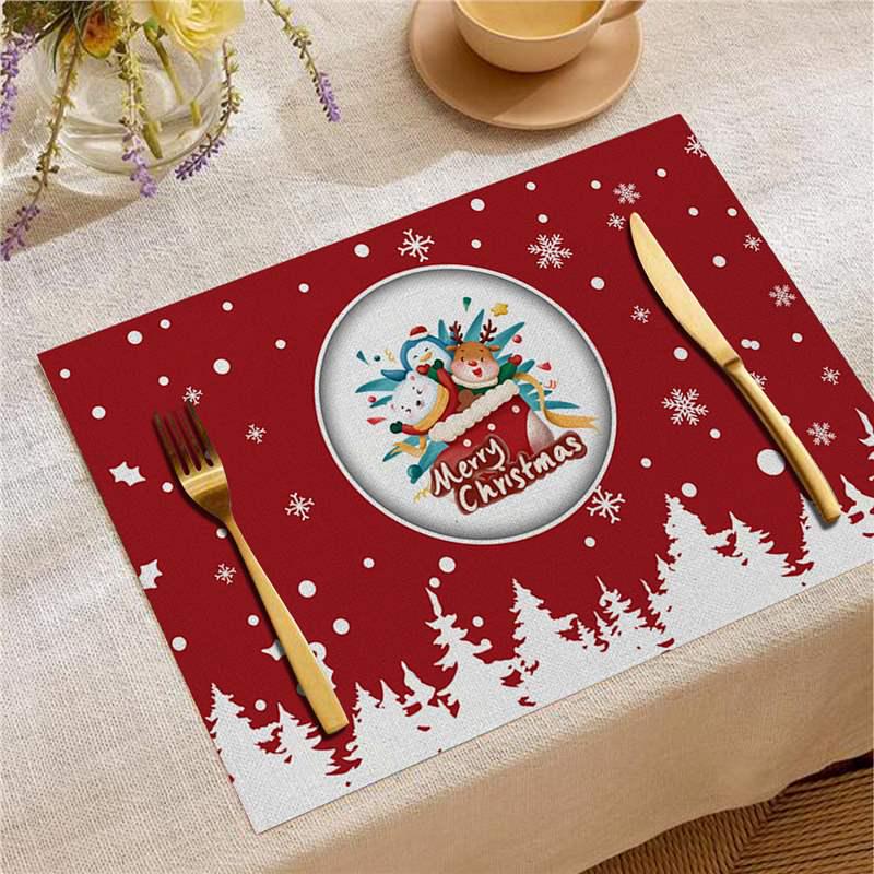 Nordic Christmas Santa Elk Linen Placemat Square, Festive Restaurant Table Decoration