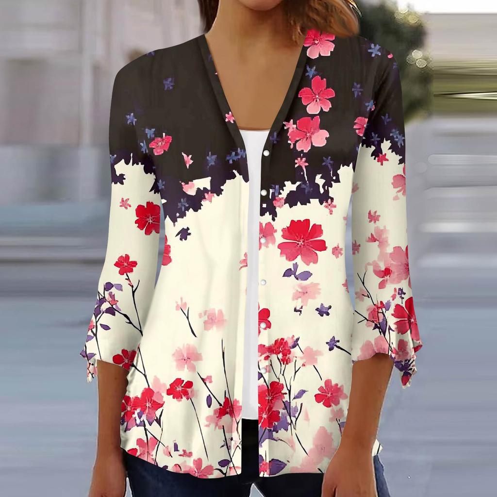 Women's Fashion Loose Casual Printed Seven-Part Sleeve Button Down Blouse Cardigan Top