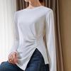 Crew Neck Bottoming Shirt Women's 2025 New Women's Clothing Design Pleated Waist Long-sleeved T-shirt Chic Inner Top