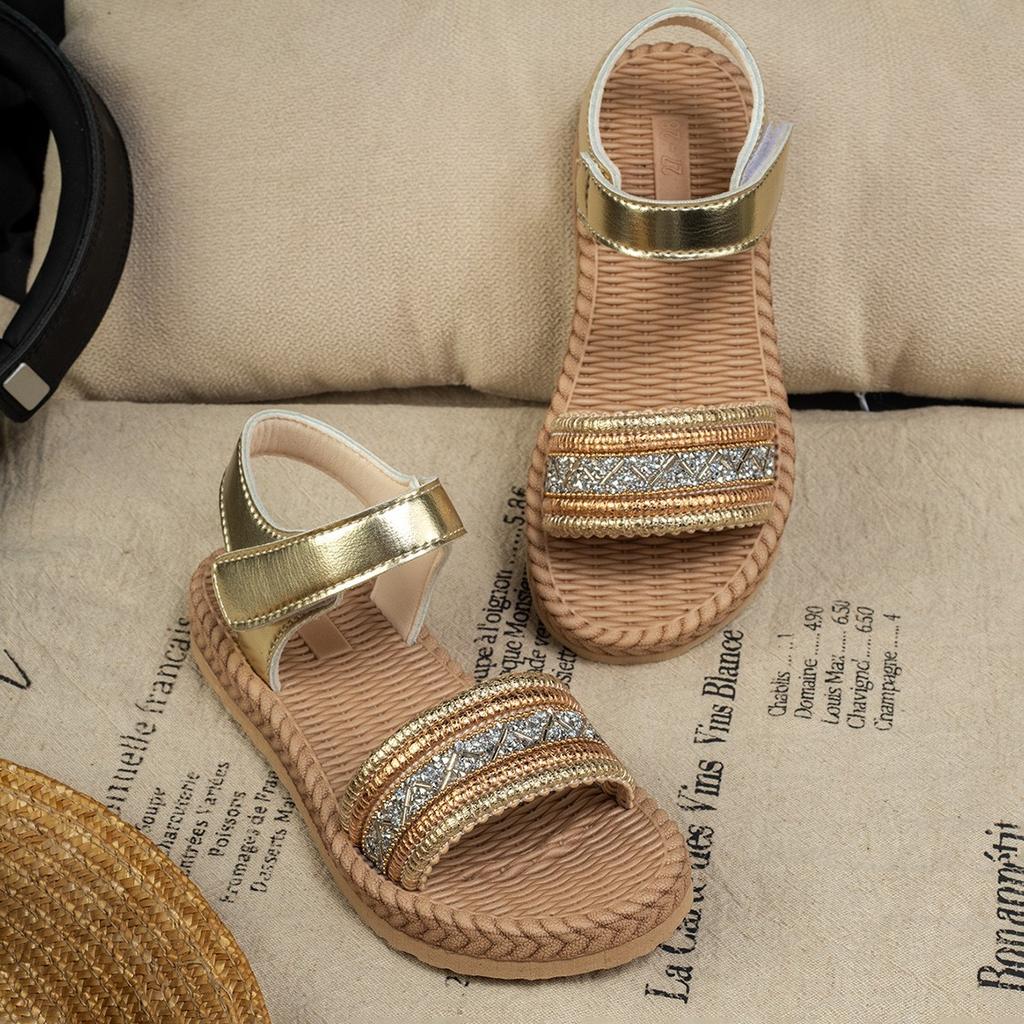 Simple Retro Girl Sandals 2025 Summer New Kids Roman Sandals Comfort Versatile Girls Beach Shoes Anti Slip Child Woven Flat Shoe