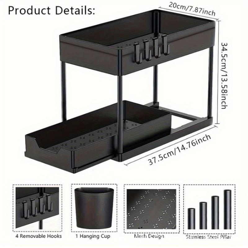 Multi Purpose 2Tier Kitchen Sink Organizer Sliding Basket Rack with Hooks Space Saving Shelves for Utility Room