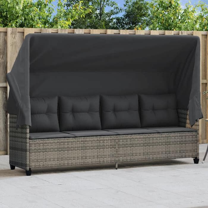 VidaXL Chaise Longue avec Auvent et Coussins, Siège avec Dossier, Transat avec Housse Jardin Terrasse Patio, Moderne, Gris 368337