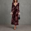 VEZFAA  Women's Fashion Spring Autumn Flower Pattern Print Long Sleeve V-Neck High Waist Casual Dresses