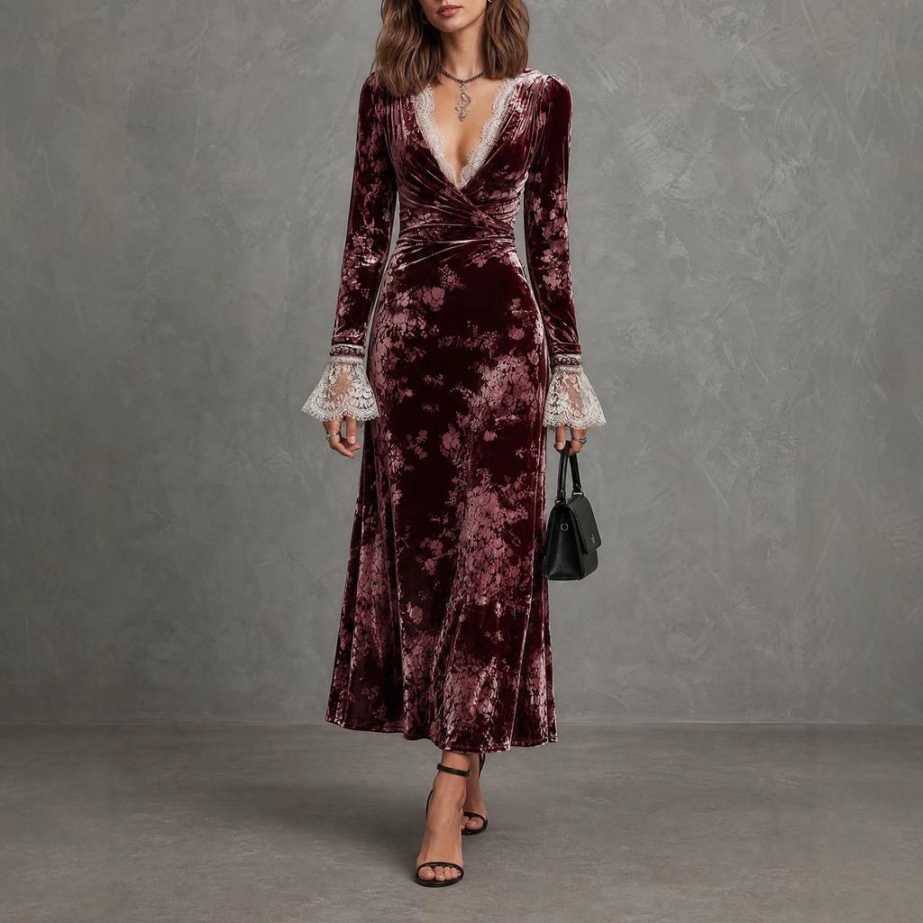 VEZFAA Women's Fashion Spring Autumn Flower Pattern Print Long Sleeve V-Neck High Waist Casual Dresses