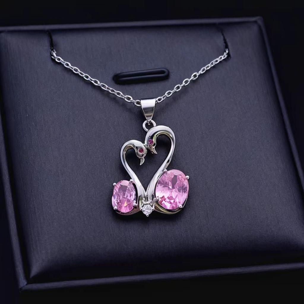 Accessories Imitation Coconut Round Pink Diamond Swan Love Necklace Women's Double Swan Zircon Pendant Clavicle Chain