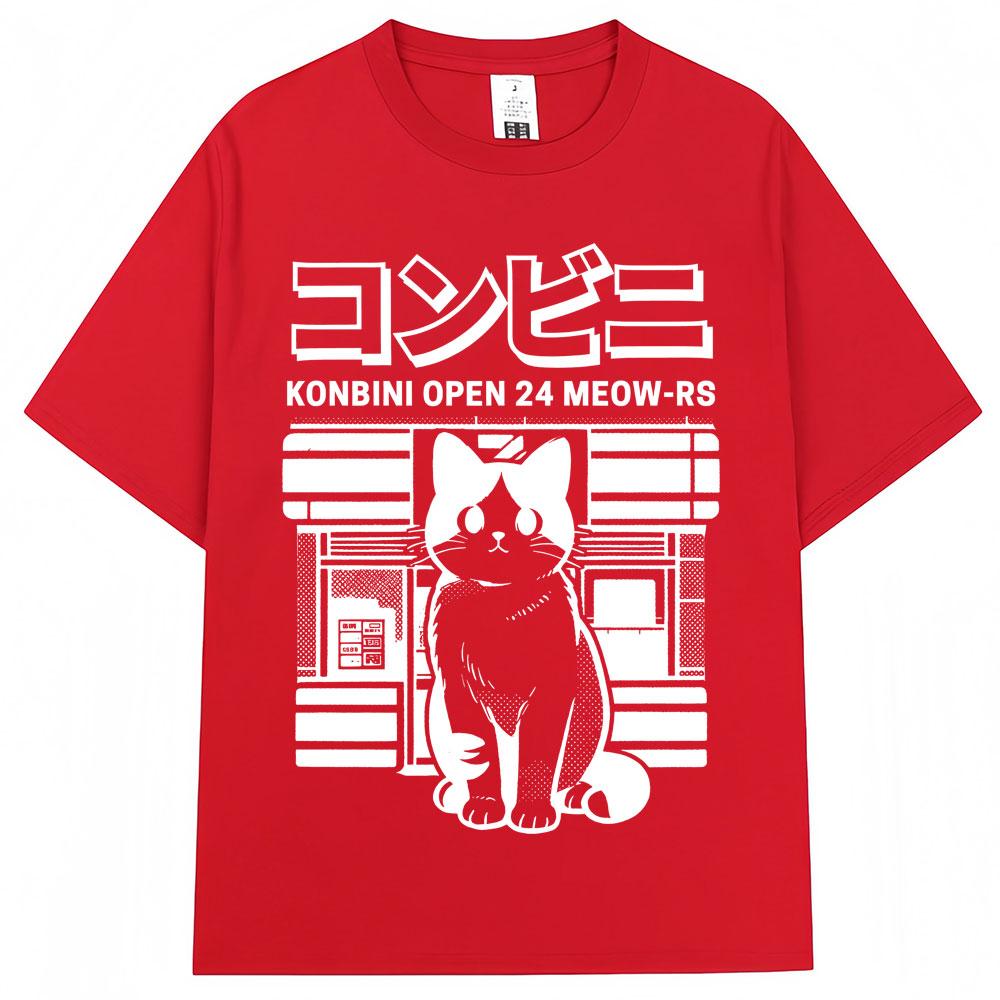 Vintage Japanese Style Cat Convenience Store T Shirts Harajuku Fashion Aesthetic Tshirts Men Women Oversized Cotton Casual Tees S