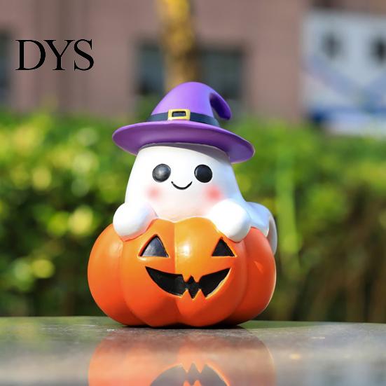 Halloween Party Supplies Ghost Figurine, Cute Spooky On Pumpkin Decoration, Resin Small Desktop Window Display Tabletop Ornament with Witch