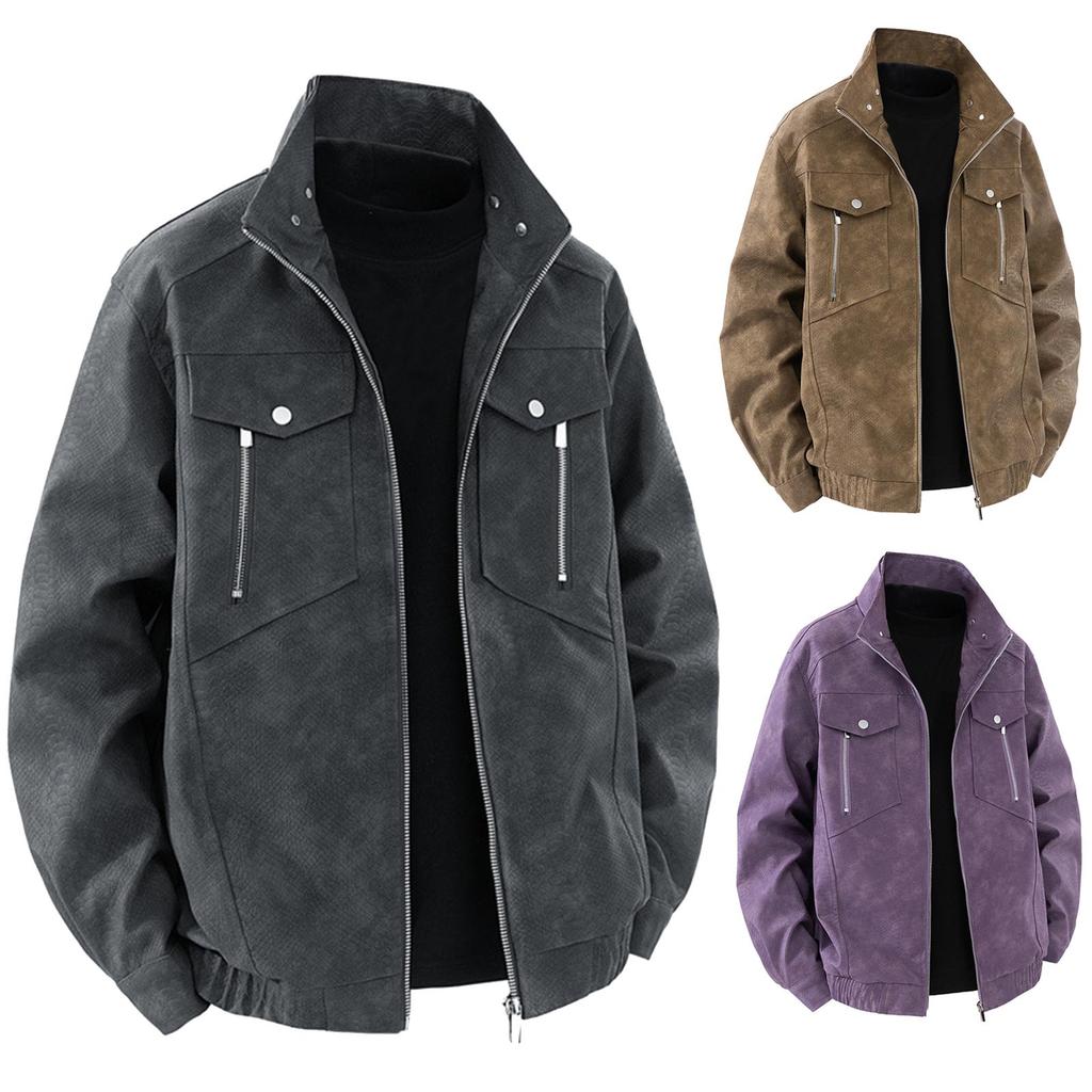 Men's Solid Color Zipper Stand Collar PU Leather Jacket Casual Sports Trendy Coat