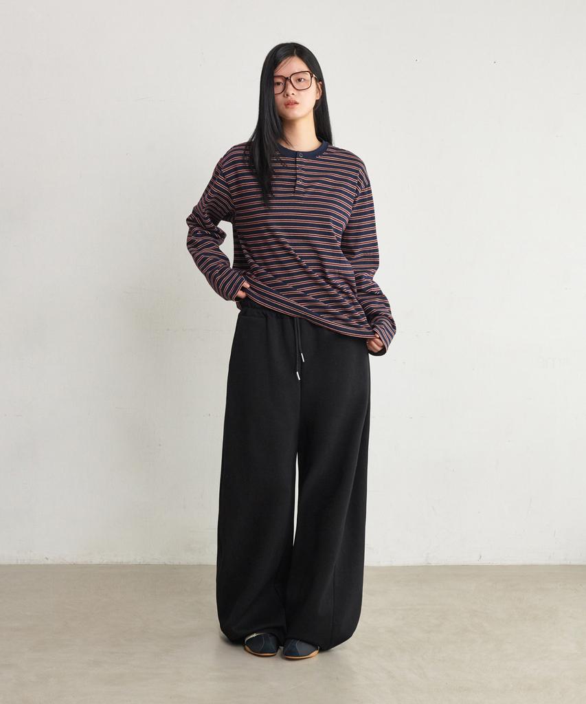 GLW [Unisex] Striped Henley Neck Long Sleeve Tee Wine