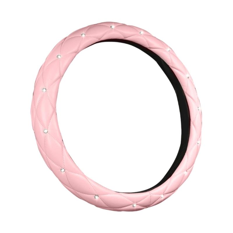 Leather Steering Wheel Cover Featurings Sparkling Rhinestones Studs for Enhanced Driving Comfort and Antislip