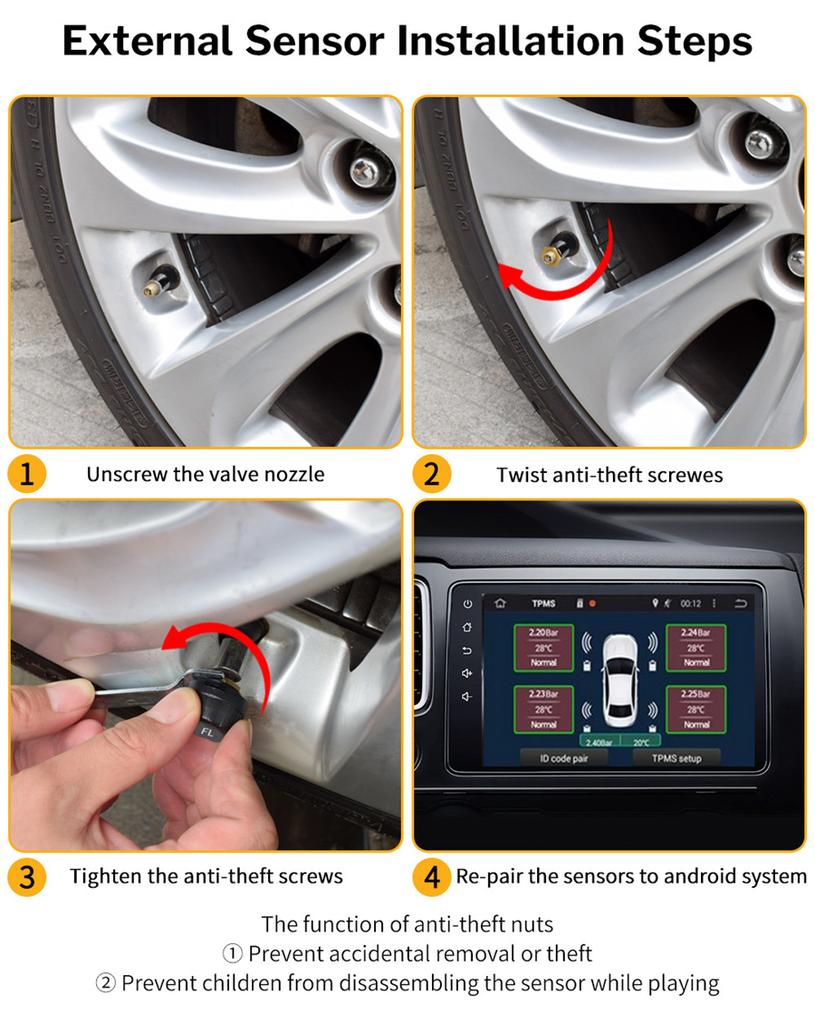 USB Android Display Car TPMS Tire Pressure Monitoring System + 5 External Sensor