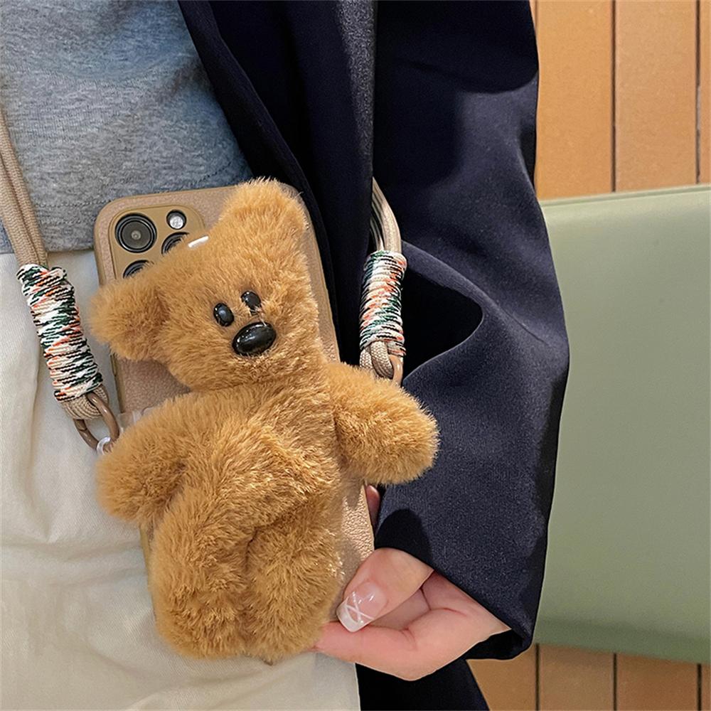 Cute 3D Plush Bear Phone Clip Adjustable Crossbody Lanyard Strap Korean Phone Bracelet Anti-Lost Lanyard Jewelry Girl Woman