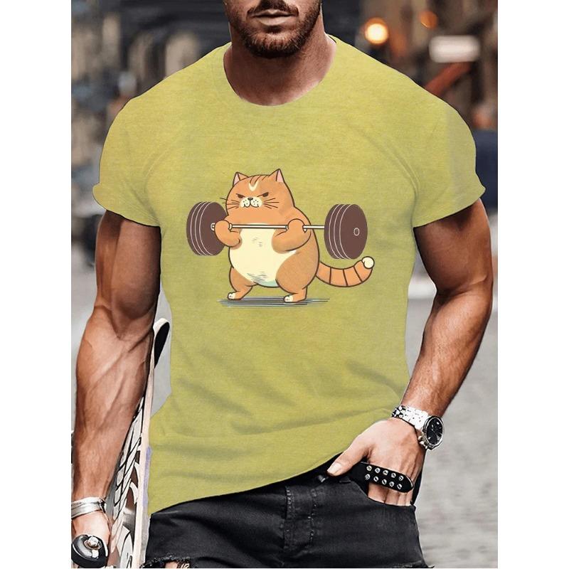 Summer Round Neck Funny Cat Weightlifting Graphic 3D Print Top Sports and Fitness T-shirts Fashionable Casual Short Sleeved Men's T-shirts