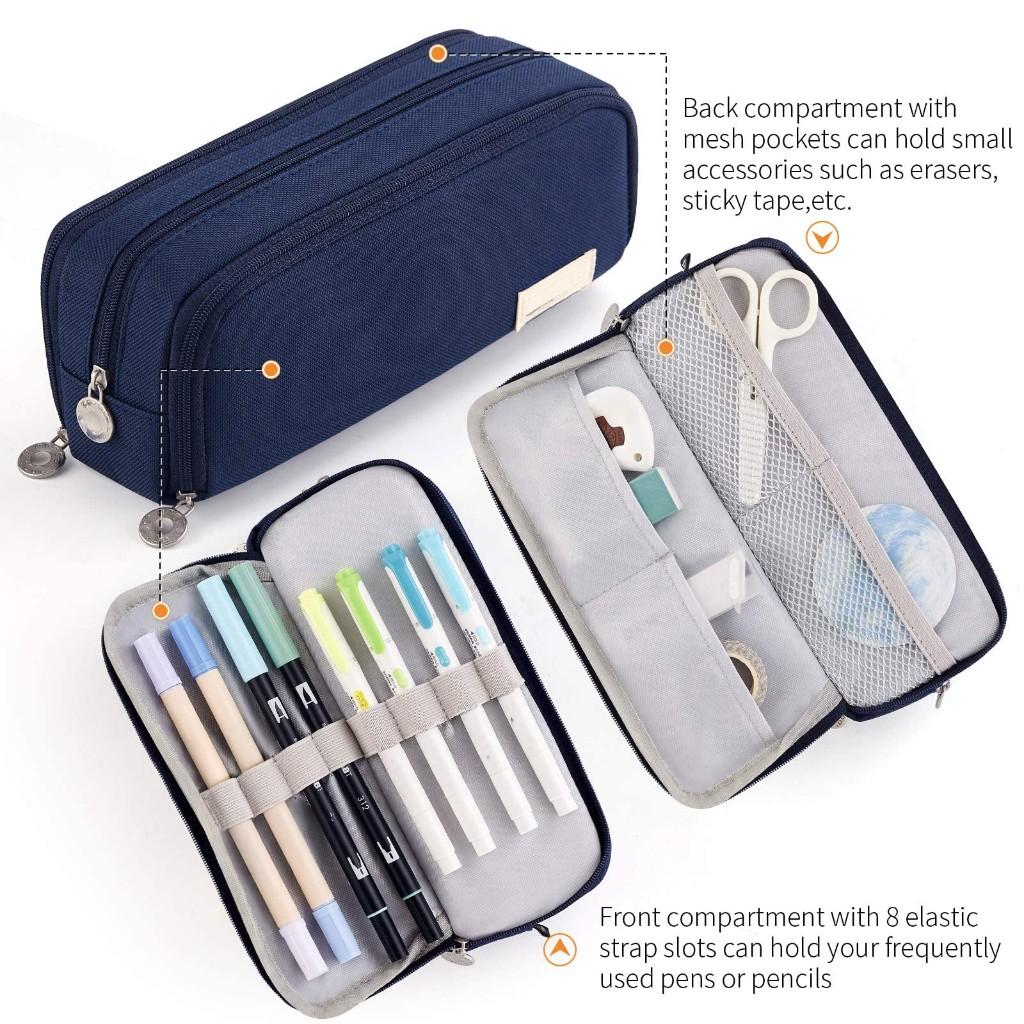 Astuccio Grande Capacità 3 Scomparti Borsa Portapenne per Scuola Adolescente Ragazza Ragazzo Uomo Donna, Blu Navy
