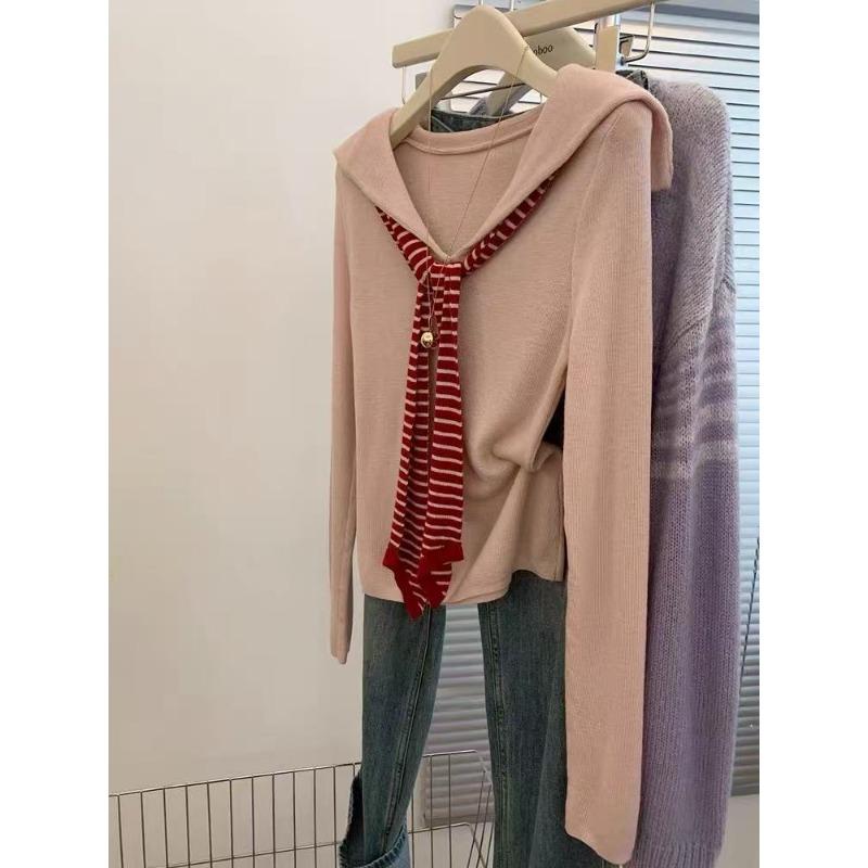 Red striped shawl, pink long-sleeved knitted sweater, women s new high-end top, early autumn wear S