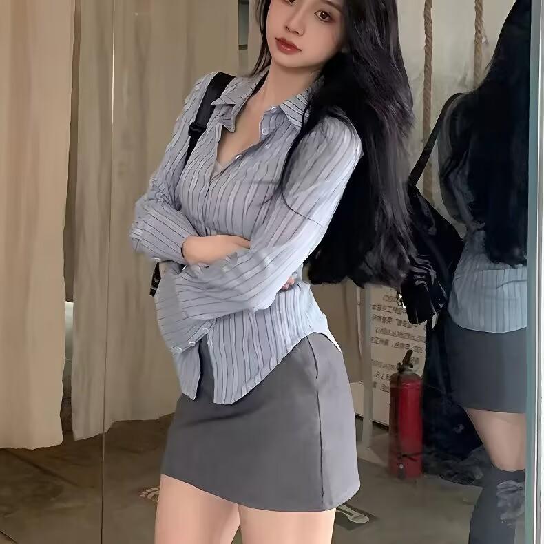 Women's Blue Striped Shirt Slim Fit Waist Design Ladies Blouse Spring and Autumn Casual Versatile Single Breasted Cardigan Top