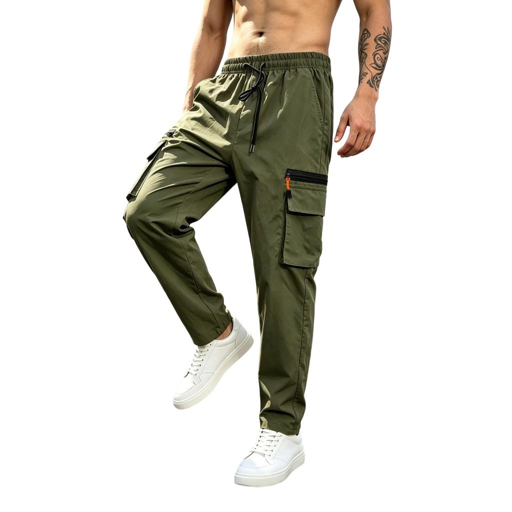 Men's Full Length Cargo Pants Straight Leg Loose Fit with Multiple Pockets for Casual Everyday Wear