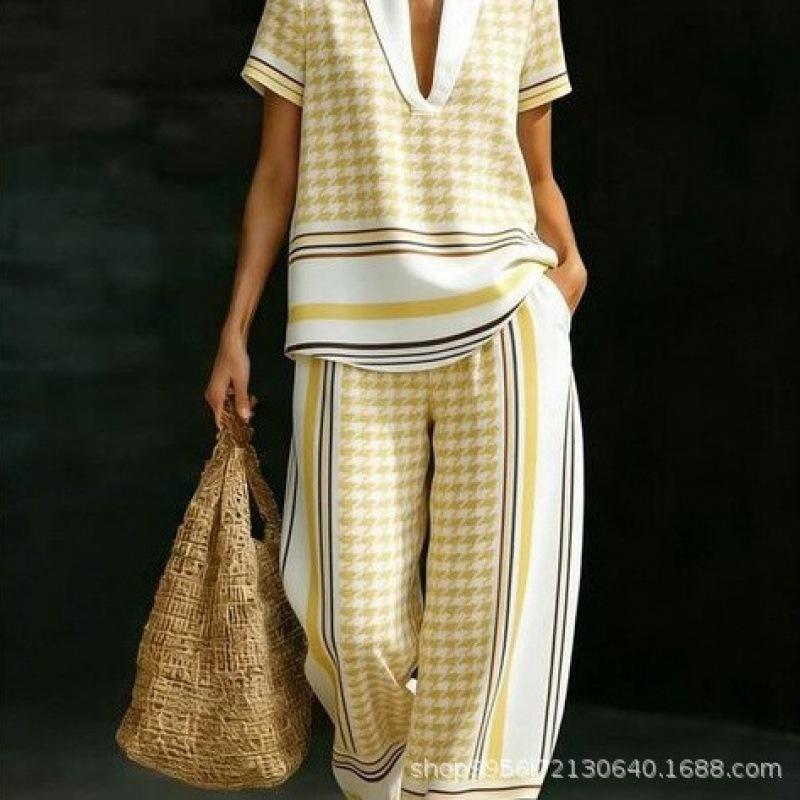 1116 Fashion Summer New Versatile Elegant V-Neck Short Sleeve T-Shirt Pullover and Casual Pants Set