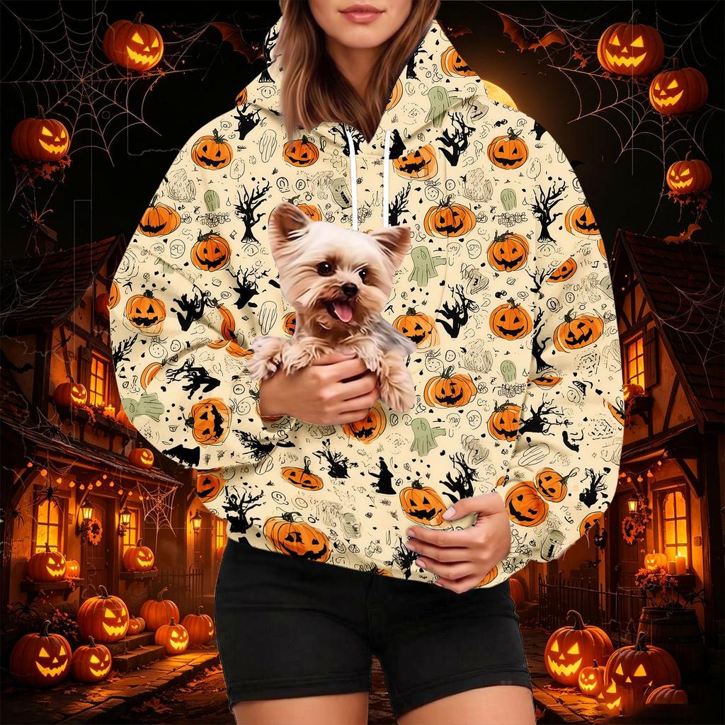 Dámská módní mikina s kapucí a potiskem na Halloween s kapsou na mazlíčka, ležérní mikina