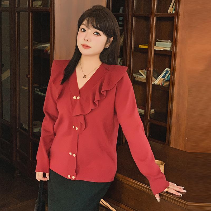 Damen Übergröße V-Ausschnitt Rüschenoberteile Strickwaren Herbst und Winter Temperament Pullover