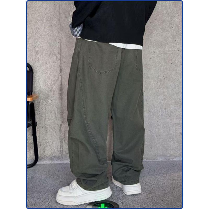 Spring and Autumn Retro Men's Clothing Street Casual Versatile Loose Cotton Straight Solid Color Loose Pants Casual Pants