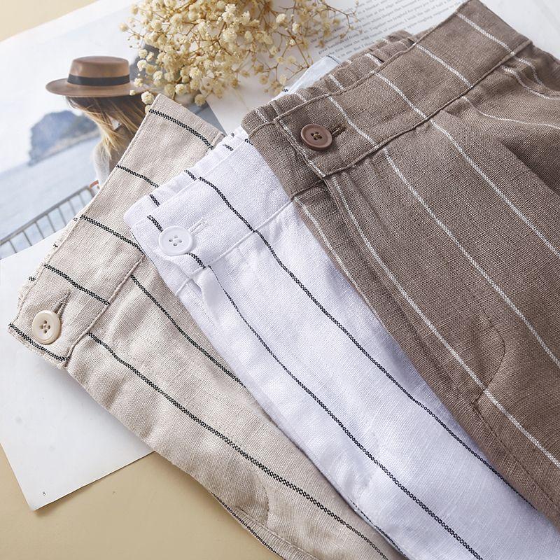 Blazer Cotton Linen Striped Wide Leg Pants Women's Summer High Waist Slimming Straight Linen Nine-Tenths Pants