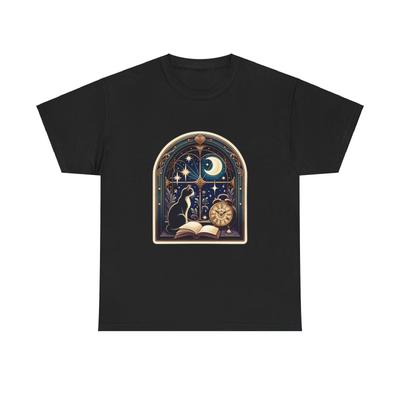 Unisex Adult T Shirt Whimsical Moon Cat Tee With Book and Clock Pet Lover Gift