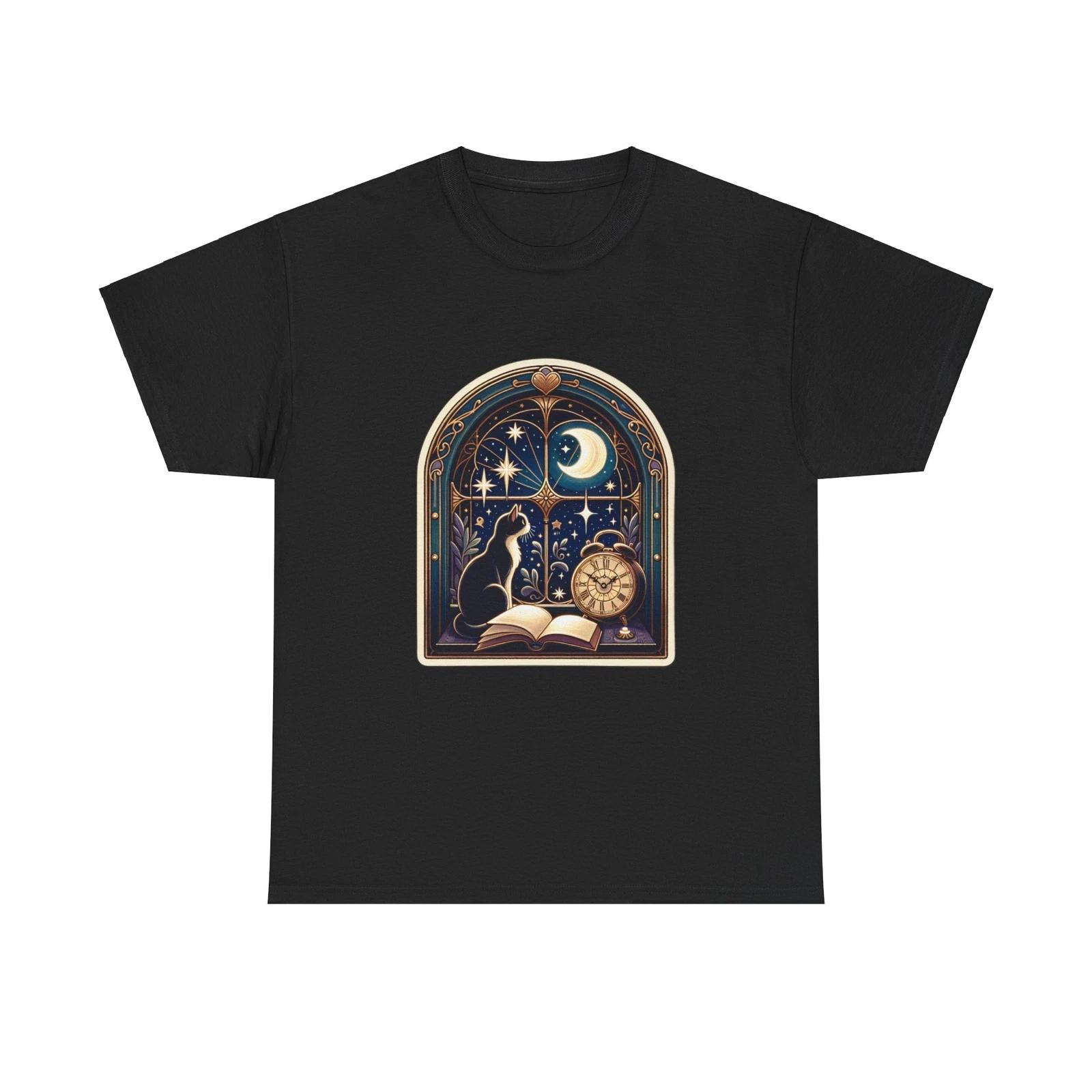 Unisex Adult T Shirt Whimsical Moon Cat Tee With Book and Clock Pet Lover Gift S