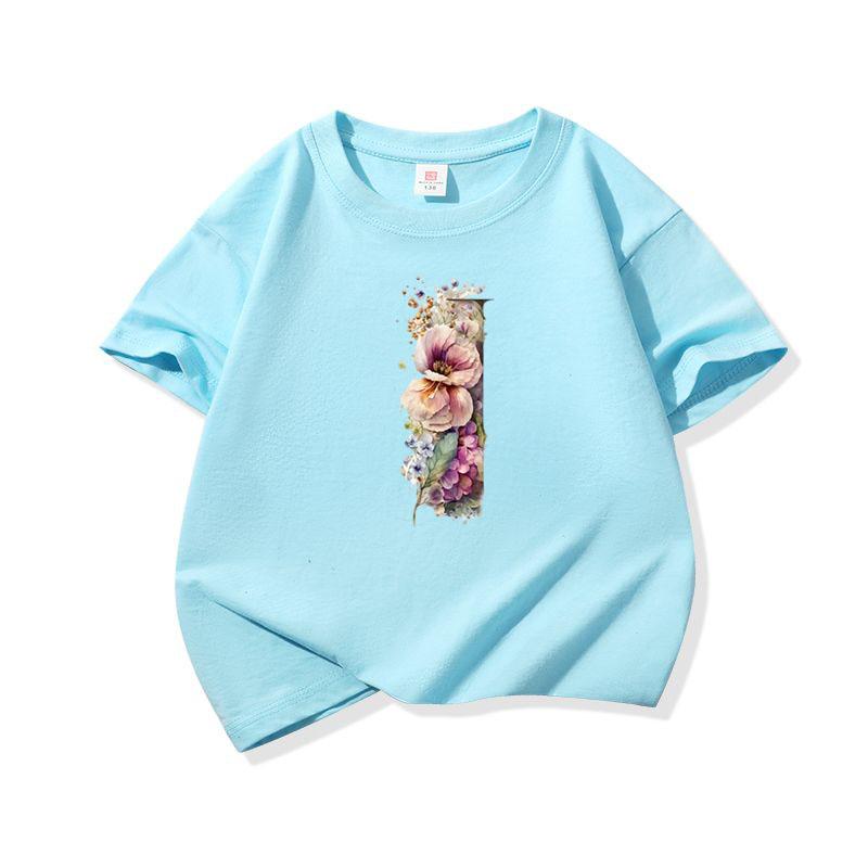 Kids Cotton T Shirt Floral Letter I Print Crew Neck Short Sleeve Tee Casual Boys Girls Summer Tops