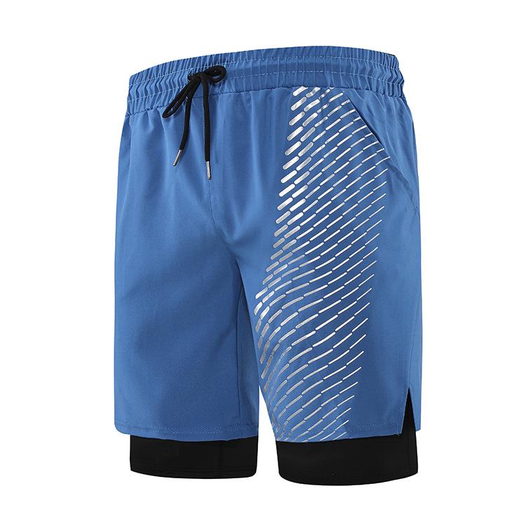 Men's Quick-Dry Double-Layer Running Shorts - Breathable, Printed, Five-Point Fitness Design.