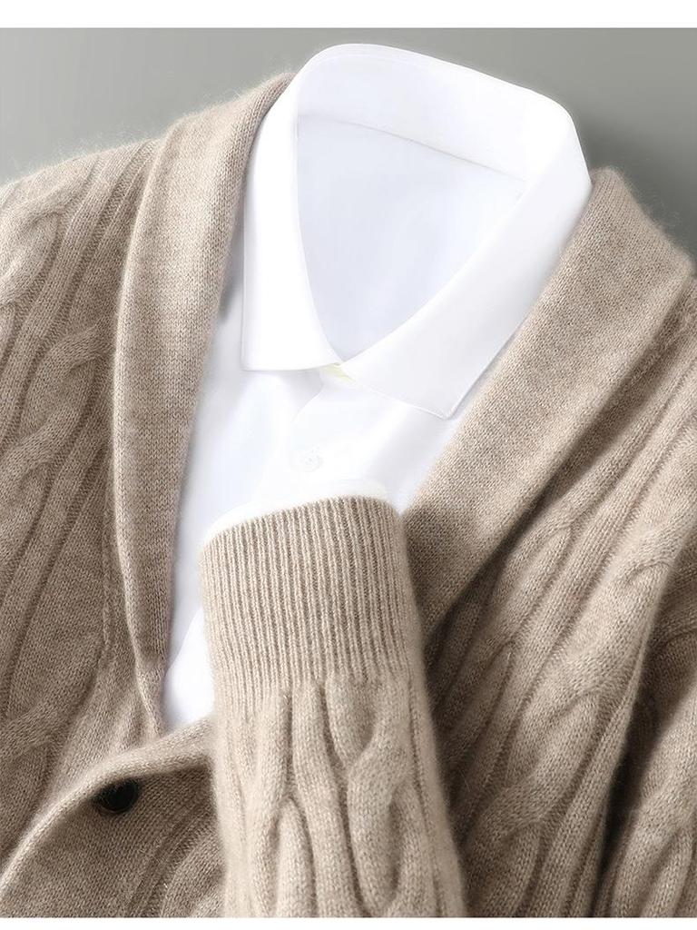 Men's Thick Cable Knit Wool Cardigan Sweater - Camel