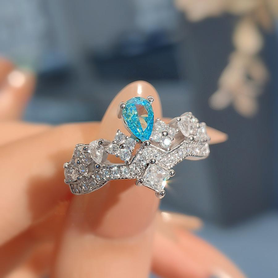 High-End Aquamarine Crown Ring Women'S Fashion Super Fairy Design Opening Light Luxury Full Of Diamonds Temperament Topa Blue