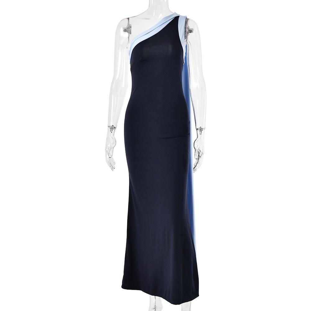 Summer New Celebrity Style Temperament Elegant Sexy Dress Contrasting Color Streamer Backless Dress S тёмно-синий